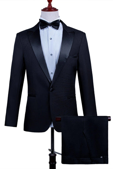 2 Piece Peak Lapel One Button Black Men's Suit with Beading
